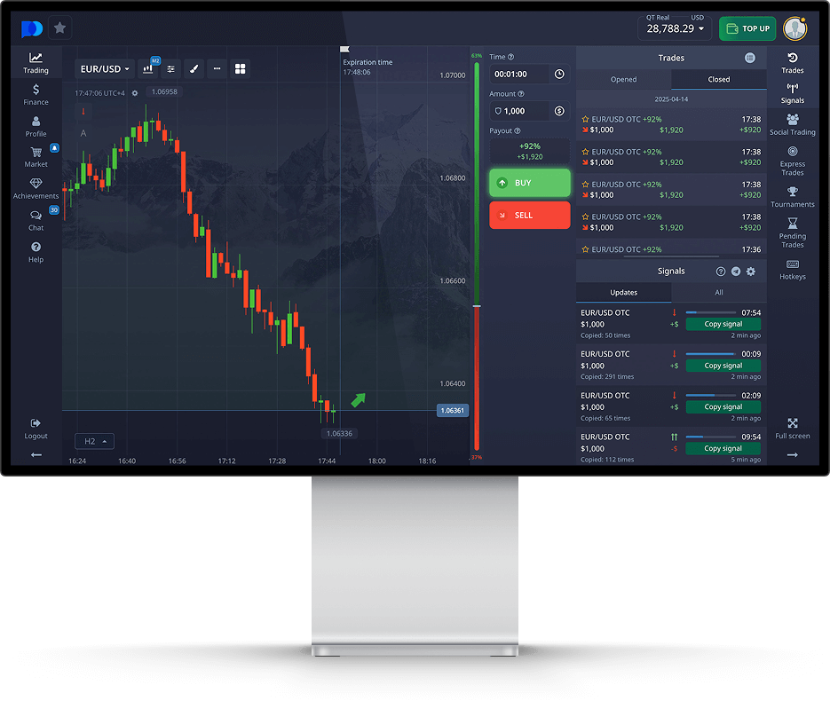 Interface de trading Pocket Option em monitor